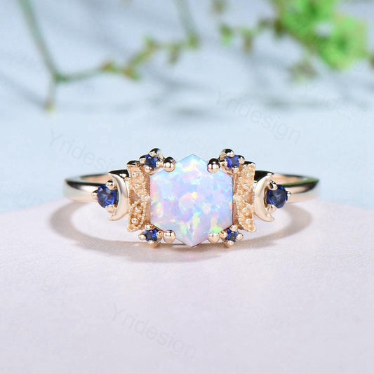 Vintage Moon opal engagement ring unique hexagon cut white opal milgrain wedding ring rose gold cluster sapphire ring handmade proposal gift - PENFINE