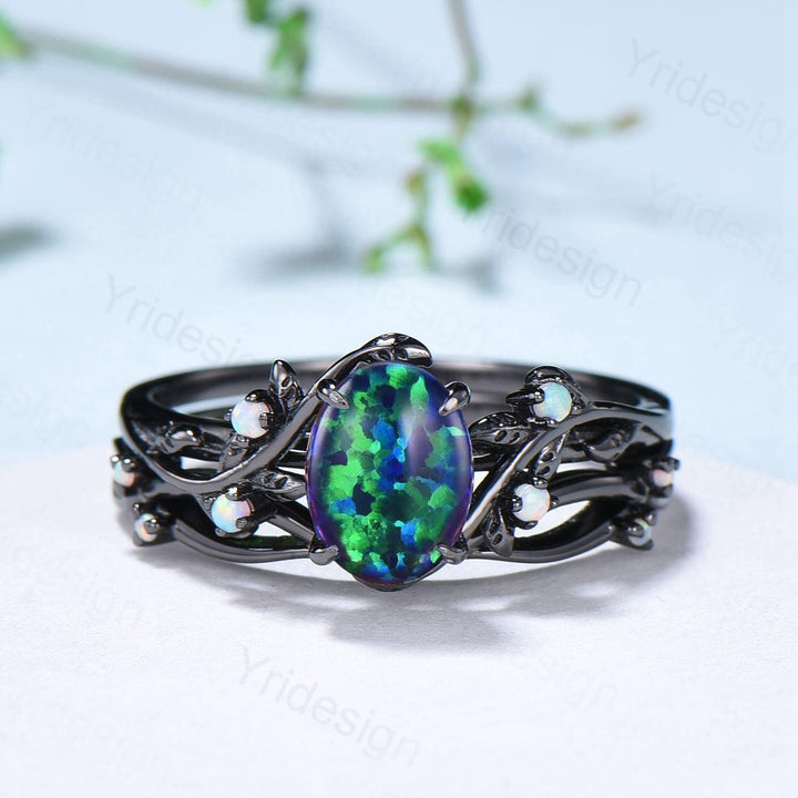 Nature Inspired Black Opal Wedding Ring Set Elegant Twig Black Gold Opal Engagement Ring Twig Vine Branch Bridal Set Unique Anniversary Ring - PENFINE