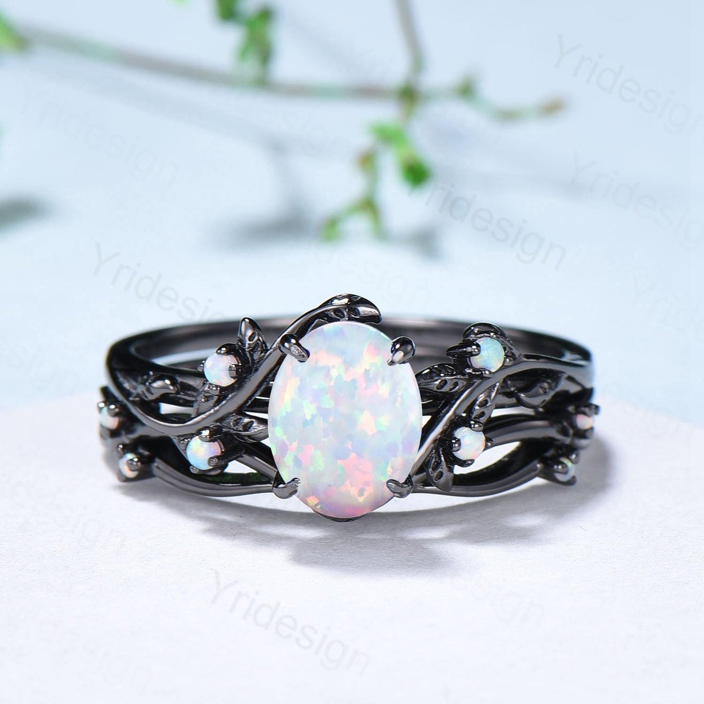 Nature Inspired Black Opal Wedding Ring Set Elegant Twig Black Gold Opal Engagement Ring Twig Vine Branch Bridal Set Unique Anniversary Ring - PENFINE