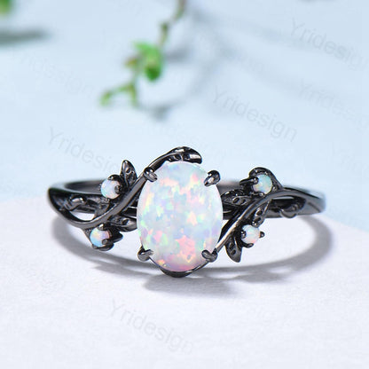 Nature Inspired Black Opal Wedding Ring Set Elegant Twig Black Gold Opal Engagement Ring Twig Vine Branch Bridal Set Unique Anniversary Ring - PENFINE