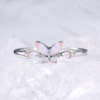 Unique Butterfly Marquise White Opal Engagement Ring Vintage Pear Fire Opal Wedding Ring Silver Anniversary Ring October Birthstone Gift - PENFINE
