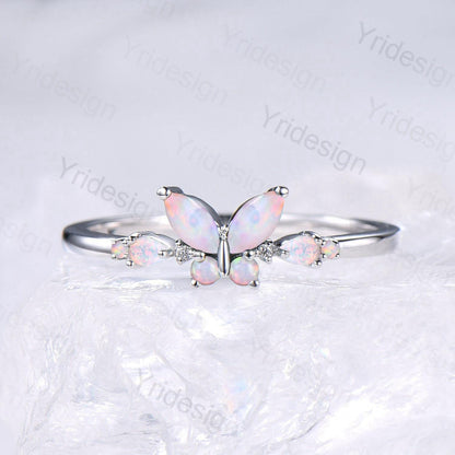 Unique Butterfly Marquise White Opal Engagement Ring Vintage Pear Fire Opal Wedding Ring Silver Anniversary Ring October Birthstone Gift - PENFINE