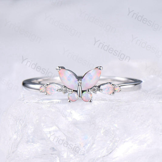 Unique Butterfly Marquise White Opal Engagement Ring Vintage Pear Fire Opal Wedding Ring Silver Anniversary Ring October Birthstone Gift - PENFINE