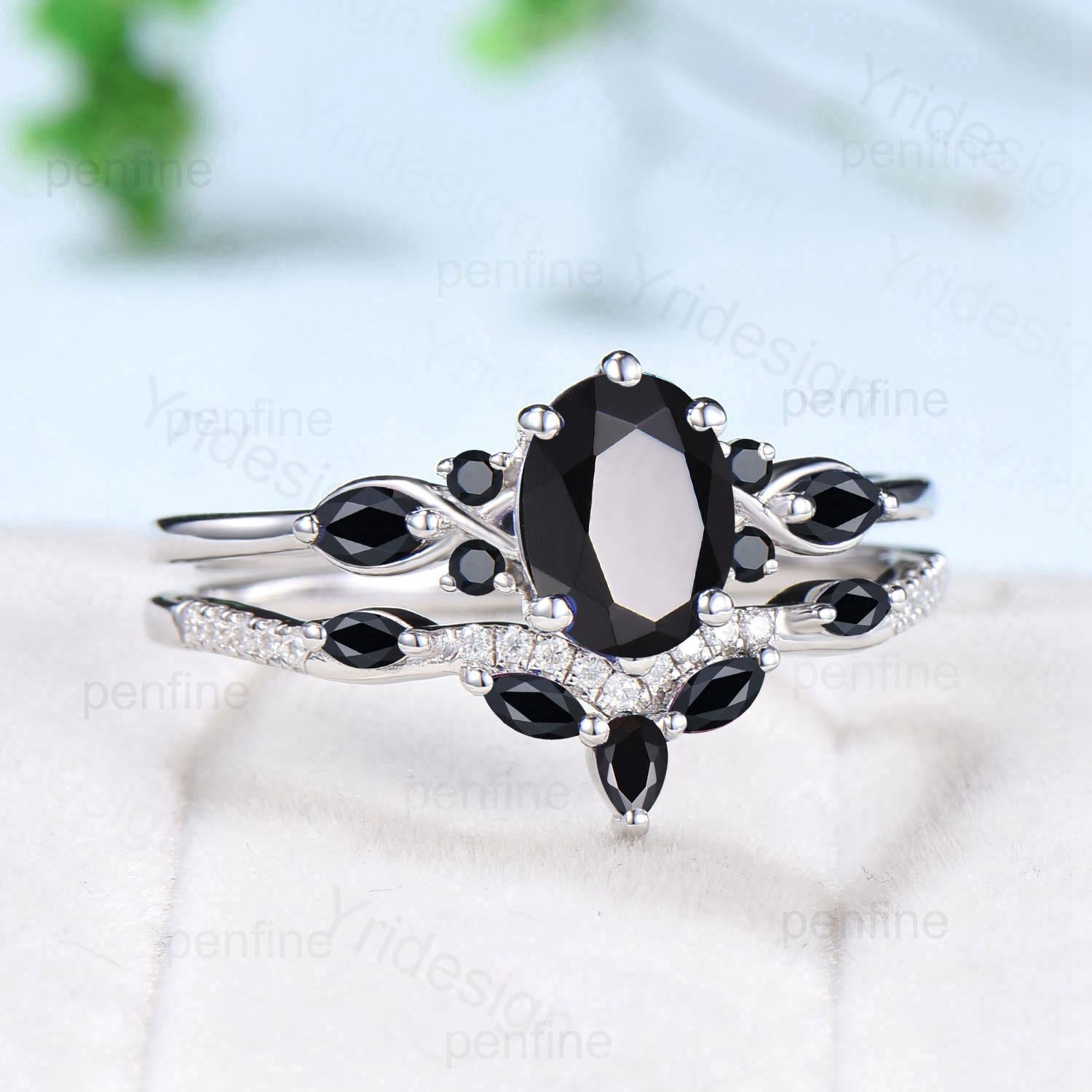 Vintage oval black moissanite engagement ring 14k white gold twisted unique black onyx wedding ring set art deco anniversary gift bridal set - PENFINE