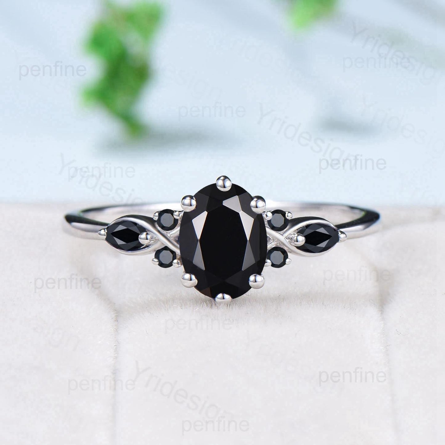 Vintage oval black moissanite engagement ring 14k white gold twisted unique black onyx wedding ring set art deco anniversary gift bridal set - PENFINE