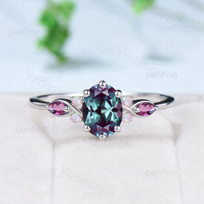 Vintage oval alexandrite engagement ring 14k white gold twisted unique opal amethyst wedding ring set art deco anniversary gift bridal set - PENFINE