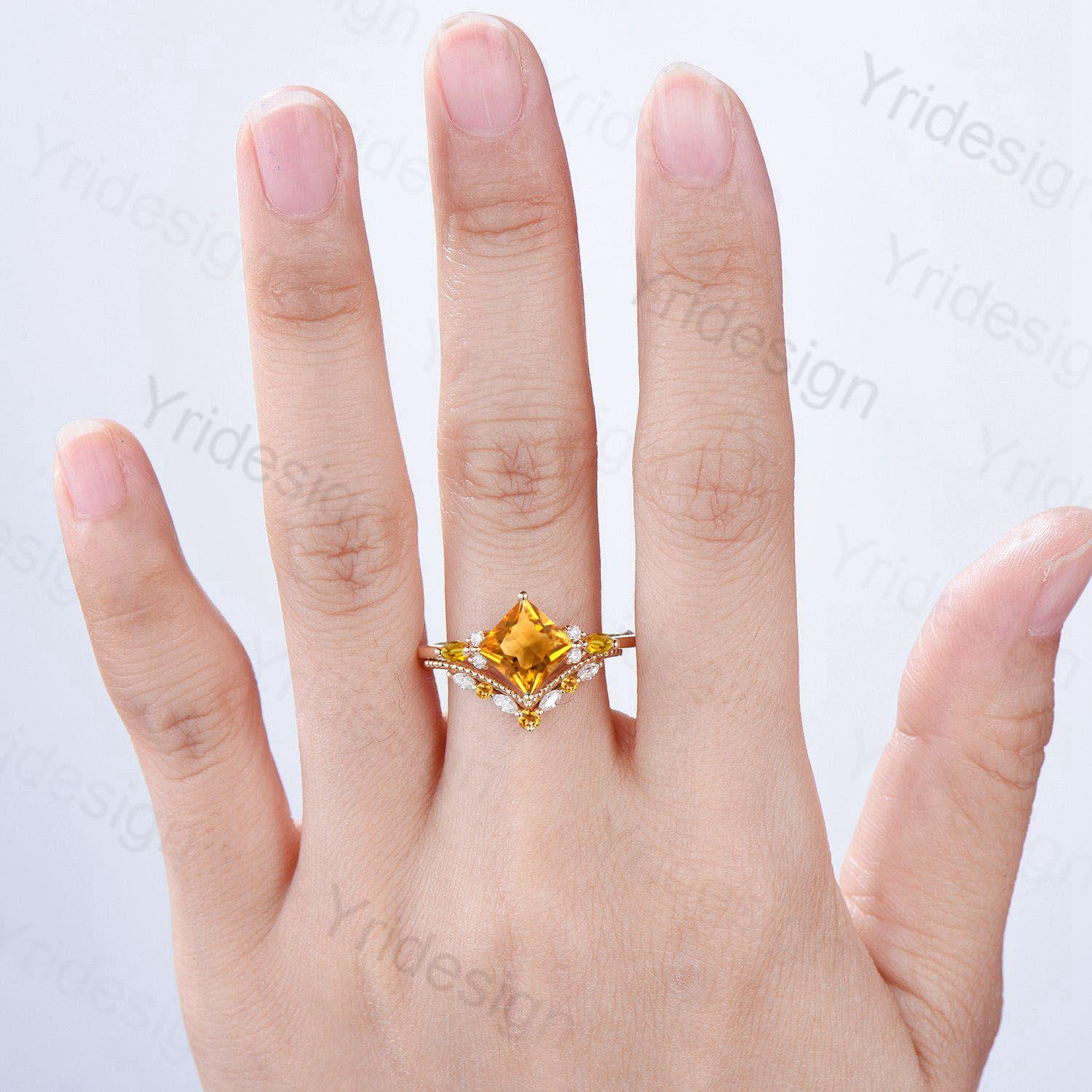 Unique Princess Cut Citrine Engagement Ring Set Vintage 14k Yellow Gold Sterling Silver November Birthstone Ring Art Deco Bridal Ring Set - PENFINE