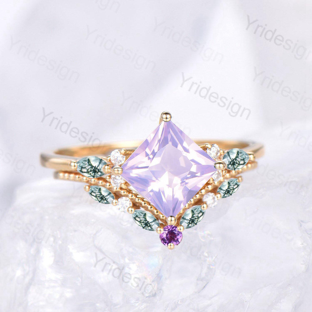 Unique Princess Cut Lavender Amethyst Engagement Ring Set Vintage 14k Yellow Gold Sterling Silver Moss Agate Ring Art Deco Bridal Set Women - PENFINE