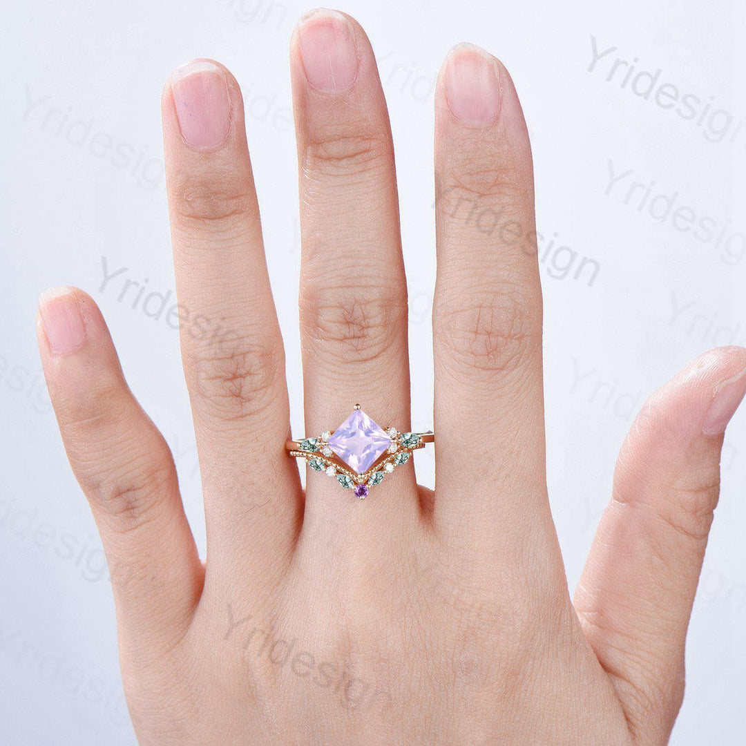 Unique Princess Cut Lavender Amethyst Engagement Ring Set Vintage 14k Yellow Gold Sterling Silver Moss Agate Ring Art Deco Bridal Set Women - PENFINE