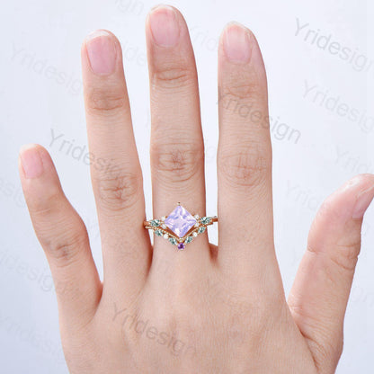 Unique Princess Cut Lavender Amethyst Engagement Ring Set Vintage 14k Yellow Gold Sterling Silver Moss Agate Ring Art Deco Bridal Set Women - PENFINE