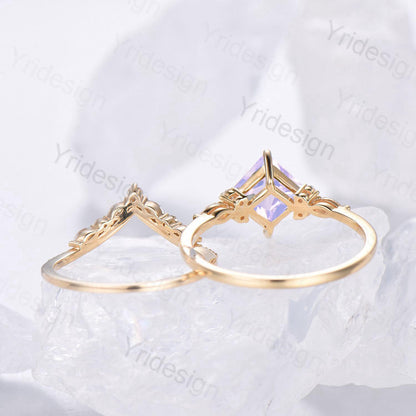 Unique Princess Cut Lavender Amethyst Engagement Ring Set Vintage 14k Yellow Gold Sterling Silver Moss Agate Ring Art Deco Bridal Set Women - PENFINE