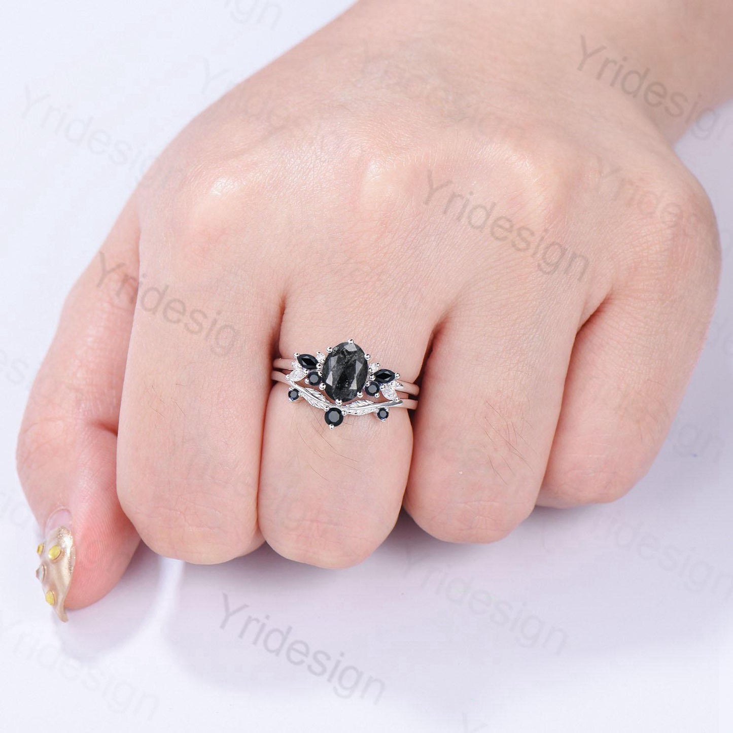 Unique salt and pepper diamond engagement ring set Art Deco Bee black spinel wedding ring vintage leaf vine stacking band bridal set women - PENFINE