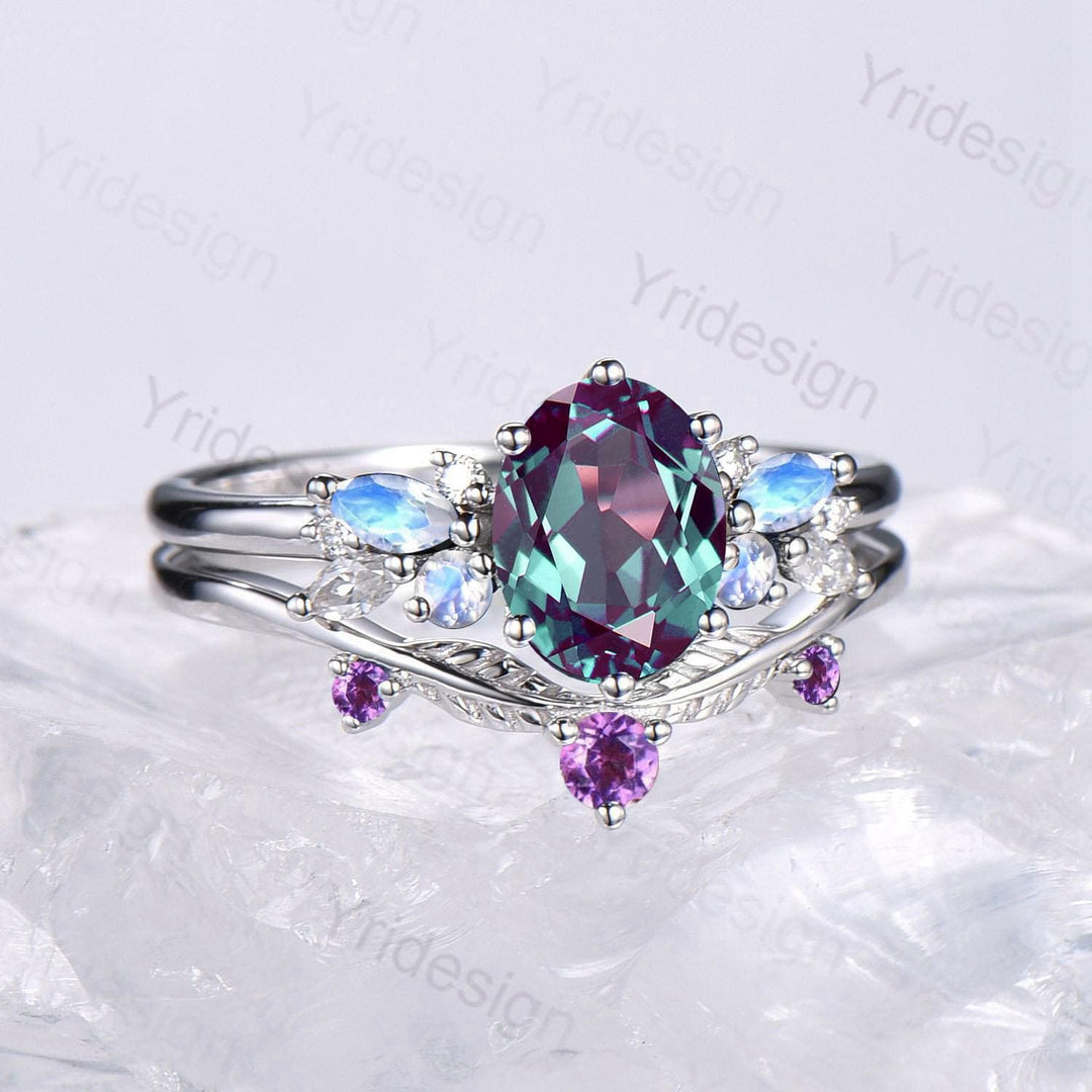 Unique Alexandrite Engagement Ring Set, 14k White Gold Moonstone June Birthstone Wedding Set, Leaf Amethyst Promise Stacking Band Bridal Set - PENFINE