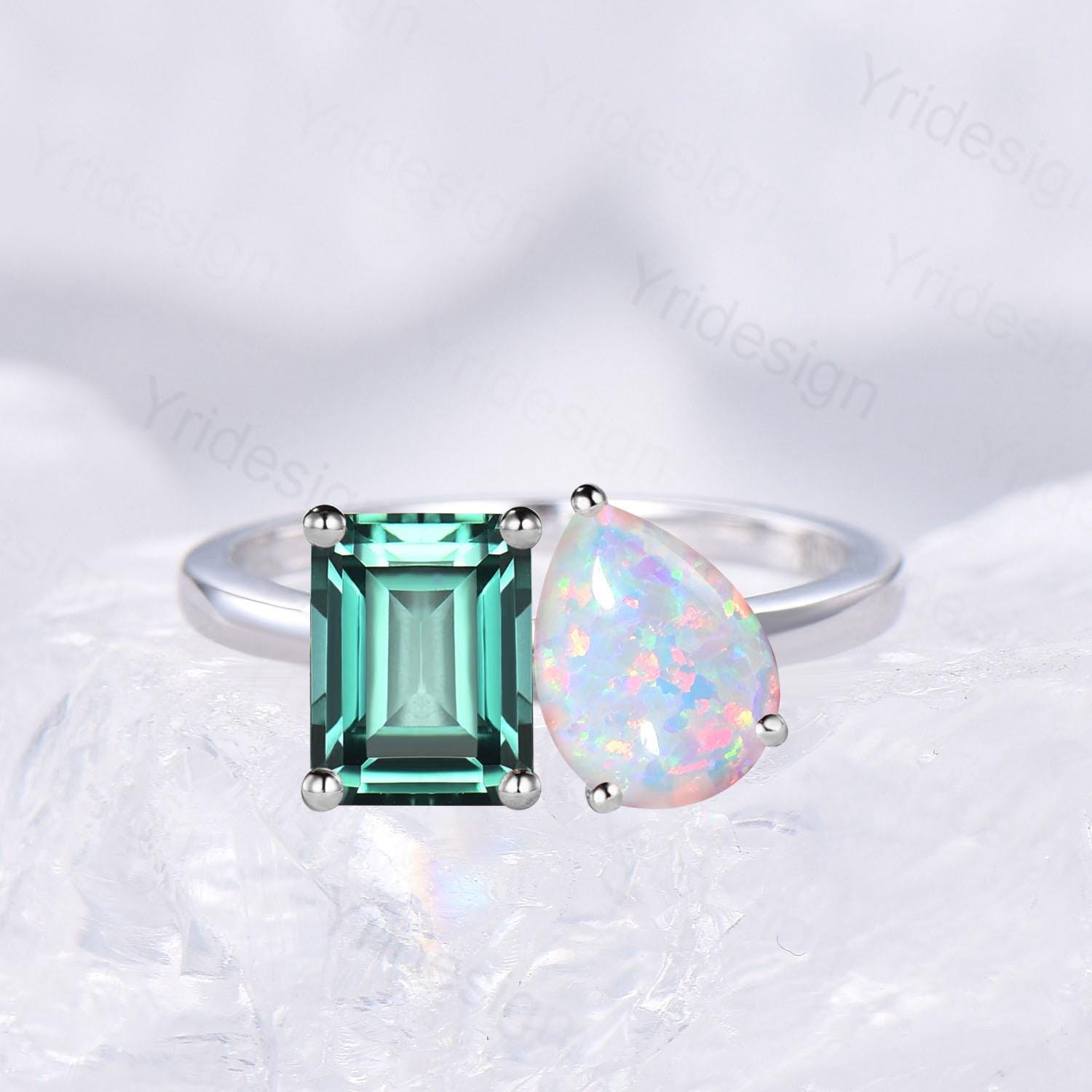 Emerald Cut Emerald And Pear White Opal Ring, Two Stone Wedding Ring, Promise Ring Her, Best Anniversary Gift, Toi Et Moi Engagement Ring - PENFINE