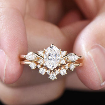 1 Carat VVS-D Oval Lab Grown Diamond Engagement Ring Set, IGI Certificate Diamond Bridal Ring Set Unique Twisted Alternative Diamond Ring - PENFINE