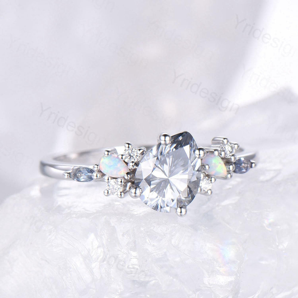 Unique Gray Moissanite Engagement Ring White Gold Pear Shaped Bridal Ring Cluster Opal Alexandrite Alternative Wedding Ring Anniversary gift - PENFINE