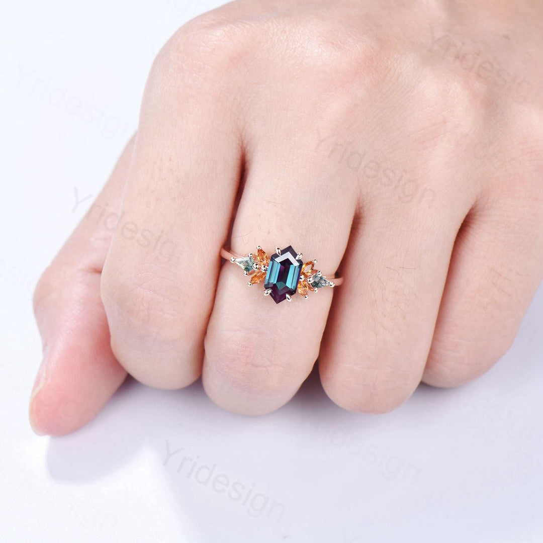 Unique long hexagon alexandrite engagement ring vintage cluster marquise citrine kite moss agate wedding ring women Color change stone ring - PENFINE