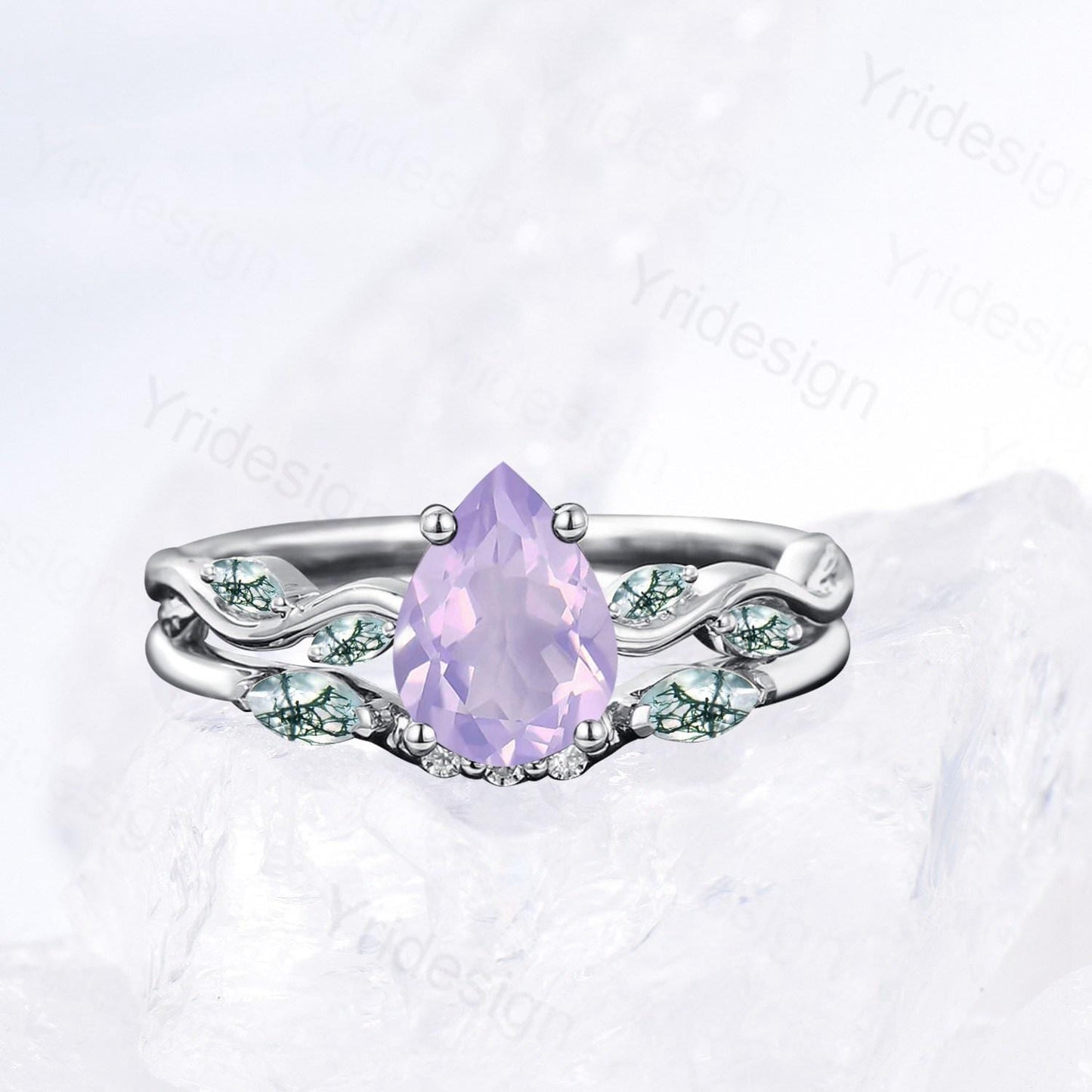 Natural Pear Shaped Lavender Amethyst Engagement Ring Set Unique Marquise Green Moss Agate Wedding Ring Set Rose Gold Stacking Band Women - PENFINE