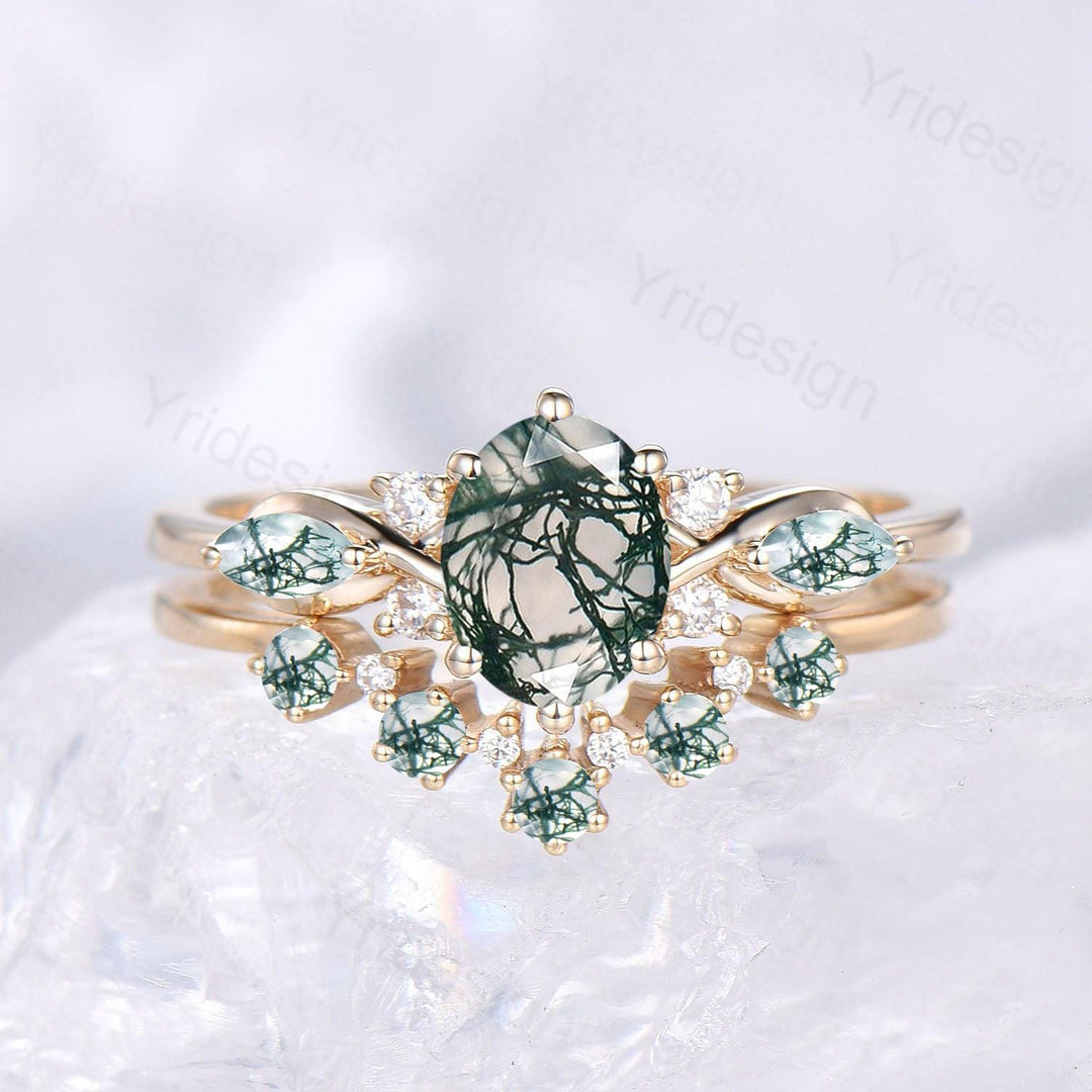 1CT oval cut green moss agate engagement ring set marquise natural green gemstone cluster ring silver 14 yellow gold bridal ring set for her - PENFINE