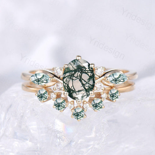 1CT oval cut green moss agate engagement ring set marquise natural green gemstone cluster ring silver 14 yellow gold bridal ring set for her - PENFINE