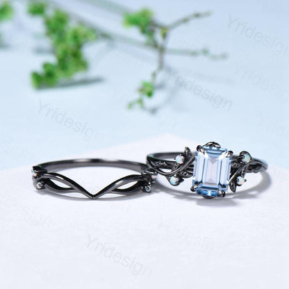 Unique black gold aquamarine engagement ring set March birthstone and opal nature inspired bridal ring set Leaf twig ladies anniversary gift - PENFINE