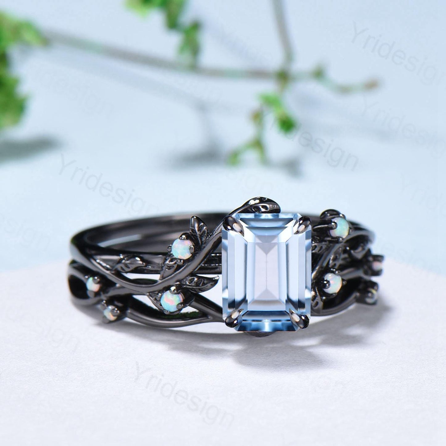 Unique black gold aquamarine engagement ring set March birthstone and opal nature inspired bridal ring set Leaf twig ladies anniversary gift - PENFINE