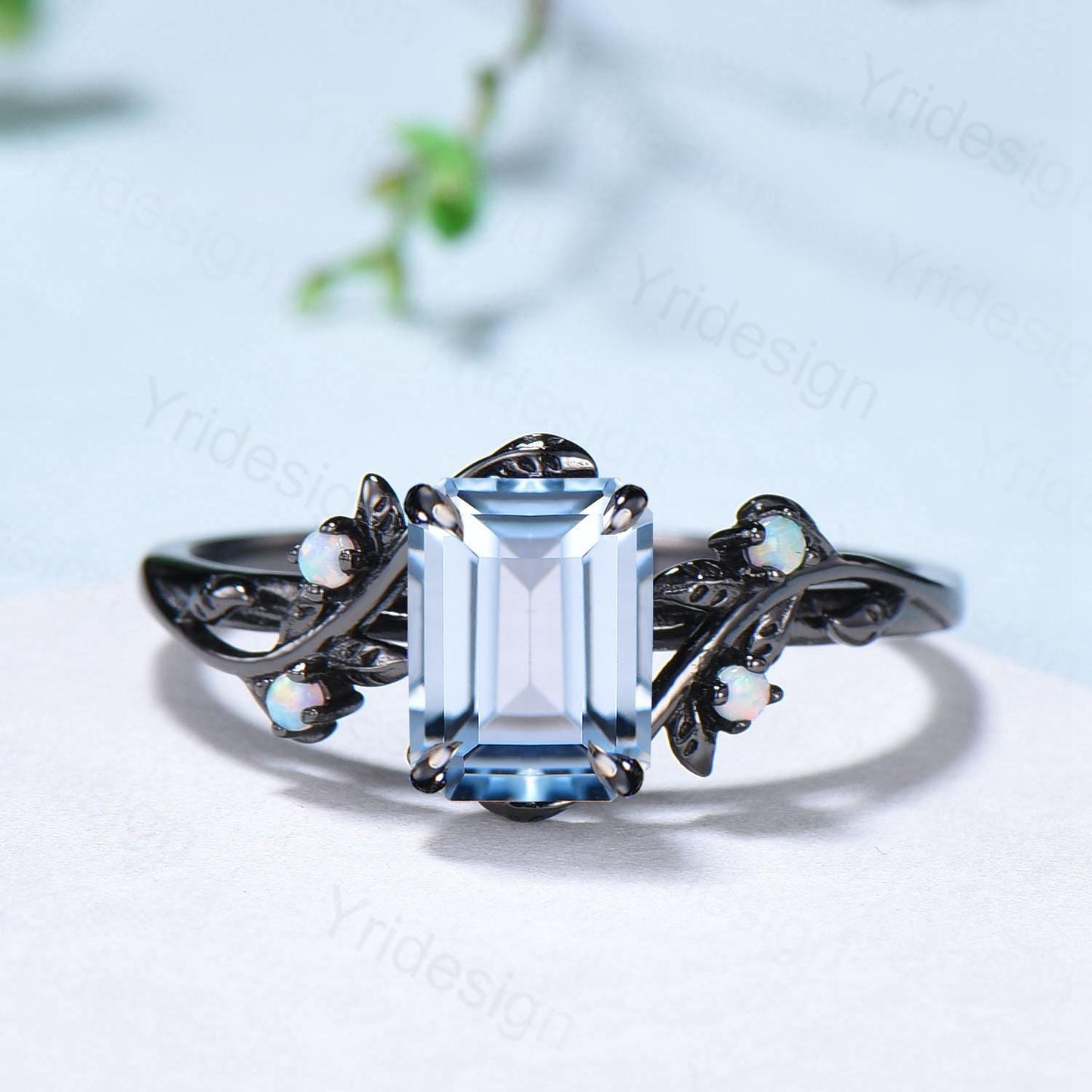 Unique black gold aquamarine engagement ring set March birthstone and opal nature inspired bridal ring set Leaf twig ladies anniversary gift - PENFINE