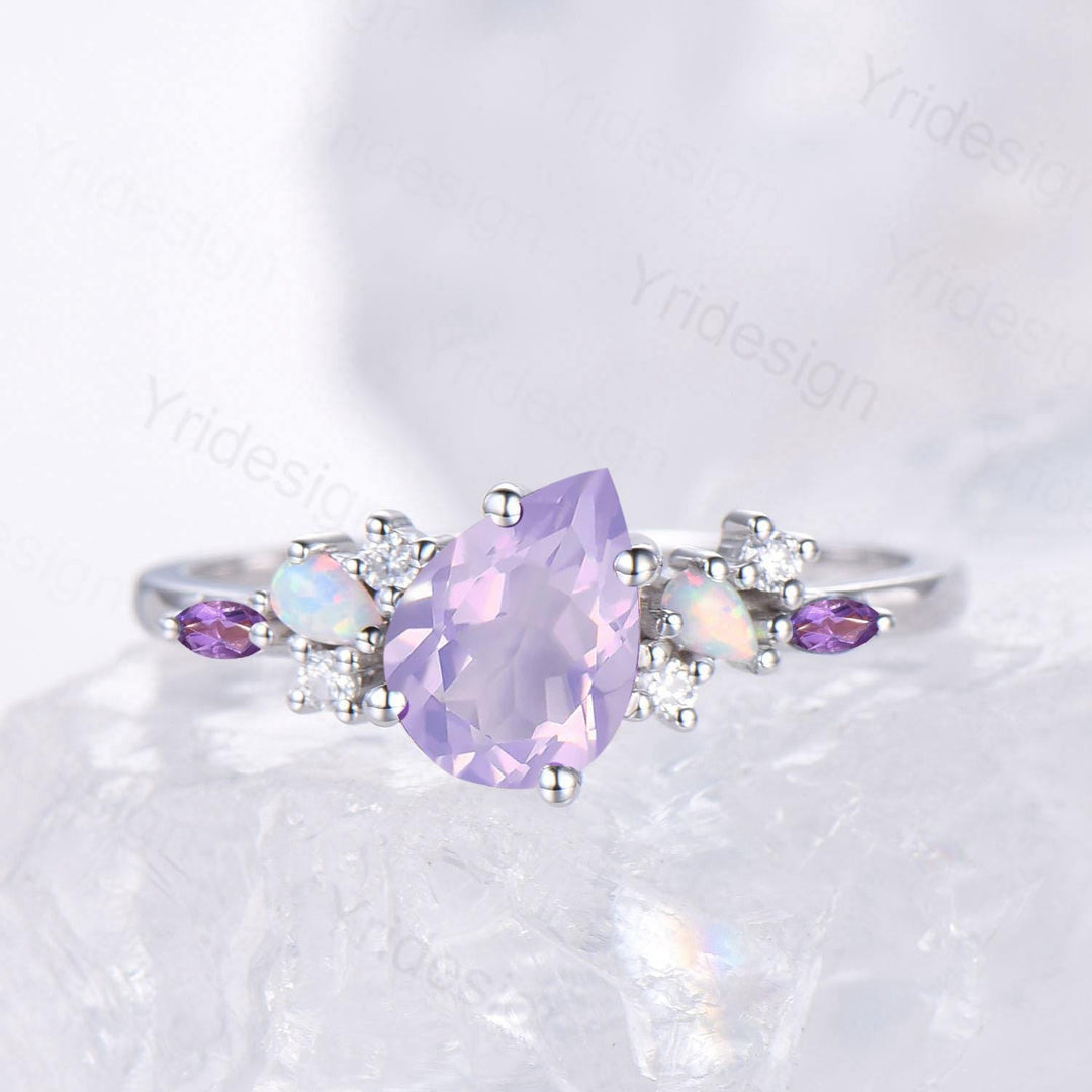 Unique Purple Gemstone Engagement Ring, Cluster Opal Lavender Amethyst Wedding Ring, Pear Shaped Purple Sapphire Ring Cute Anniversary Gift - PENFINE