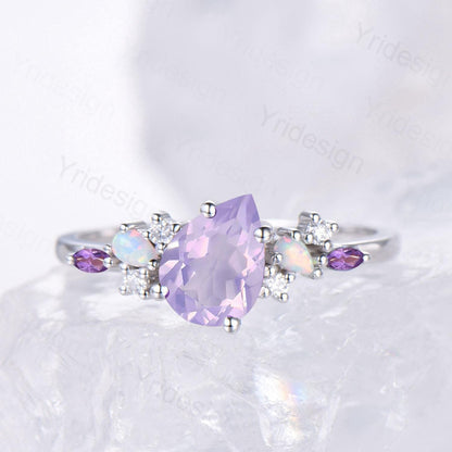 Unique Purple Gemstone Engagement Ring, Cluster Opal Lavender Amethyst Wedding Ring, Pear Shaped Purple Sapphire Ring Cute Anniversary Gift - PENFINE