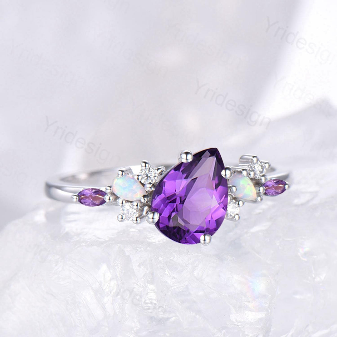 Unique Purple Gemstone Engagement Ring, Cluster Opal Lavender Amethyst Wedding Ring, Pear Shaped Purple Sapphire Ring Cute Anniversary Gift - PENFINE