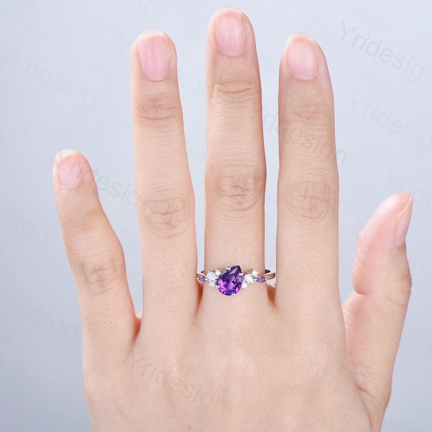 Unique Purple Gemstone Engagement Ring, Cluster Opal Lavender Amethyst Wedding Ring, Pear Shaped Purple Sapphire Ring Cute Anniversary Gift - PENFINE