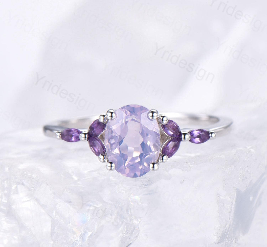 Vintage Oval natural Lavender Amethyst Engagement Ring Set Unique Seven Stone Marquise Amethyst  Wedding Bridal Set February Birthstone Gift - PENFINE