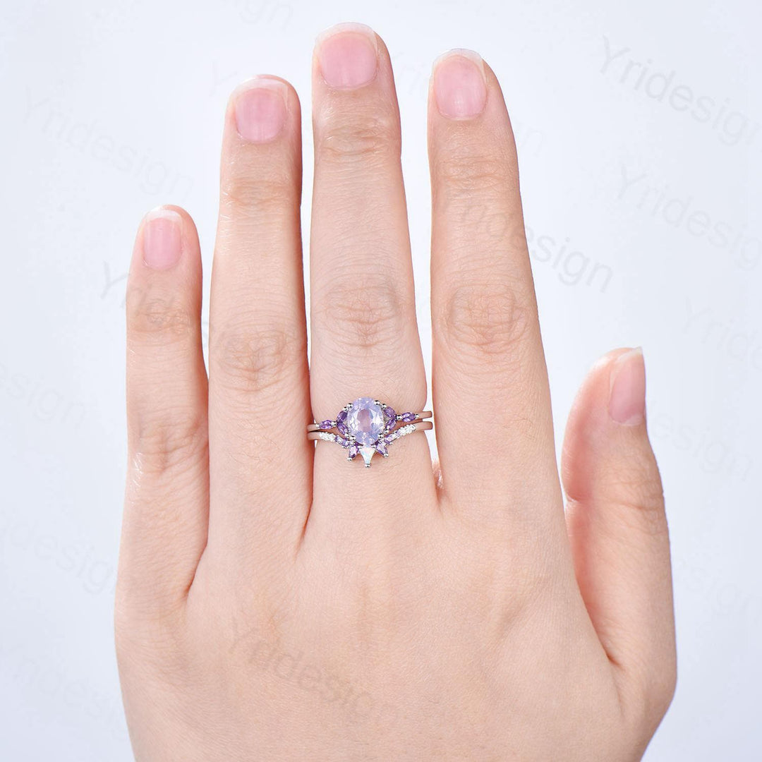 Vintage Oval natural Lavender Amethyst Engagement Ring Set Unique Seven Stone Marquise Amethyst  Wedding Bridal Set February Birthstone Gift - PENFINE