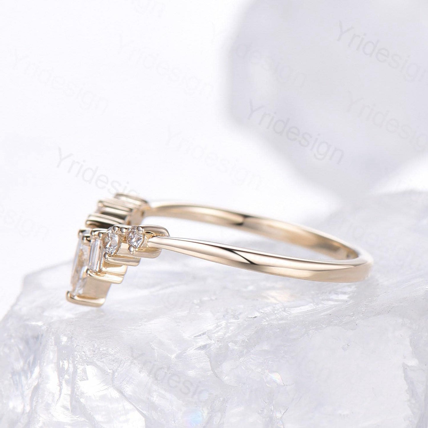 Solid 14K Yellow Gold Lab Grown diamond wedding band women unique curved wedding band women art deco matching stacking band anniversary ring - PENFINE