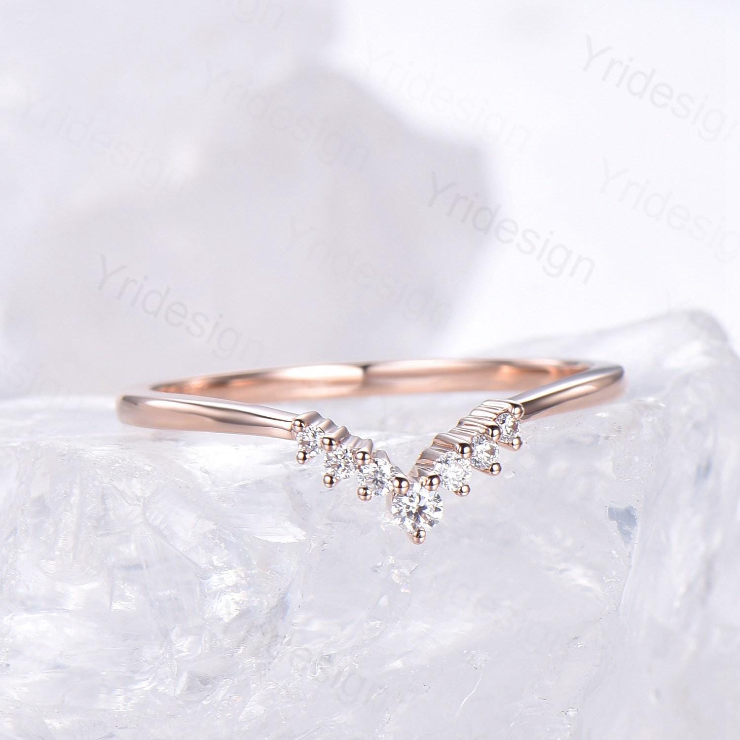 Custom curved moissanite wedding band women silver rose gold diamond wedding ring matching stacking band for a princess cut engagement ring - PENFINE