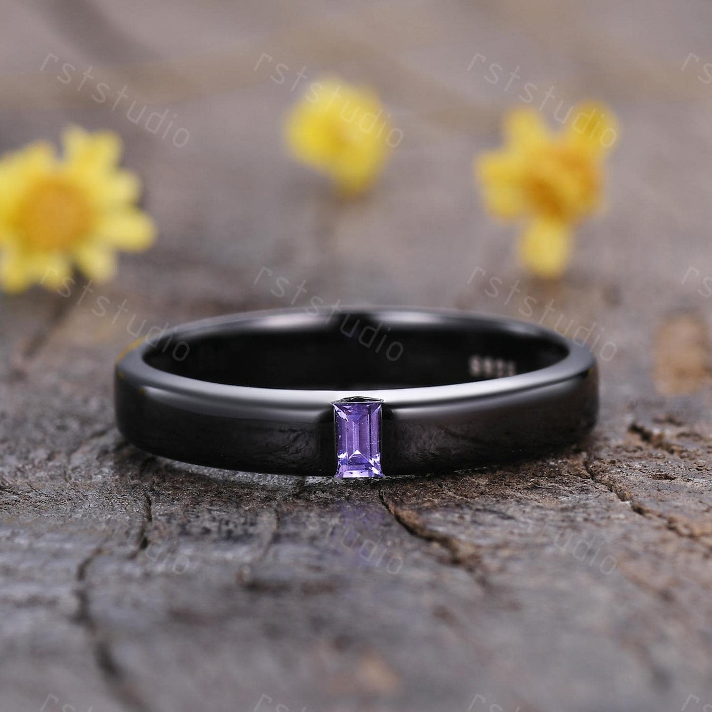 Mens Baguette Amethyst Wedding Band: Black Gold Vintage Ring