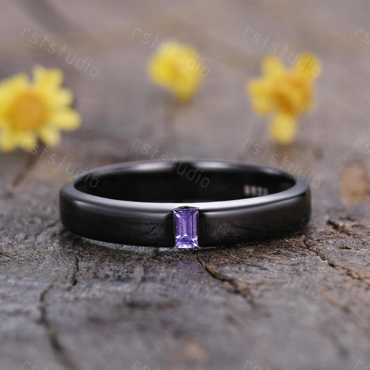 Mens Baguette Amethyst Wedding Band: Black Gold Vintage Ring