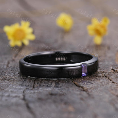 Mens Baguette Amethyst Wedding Band: Black Gold Vintage Ring