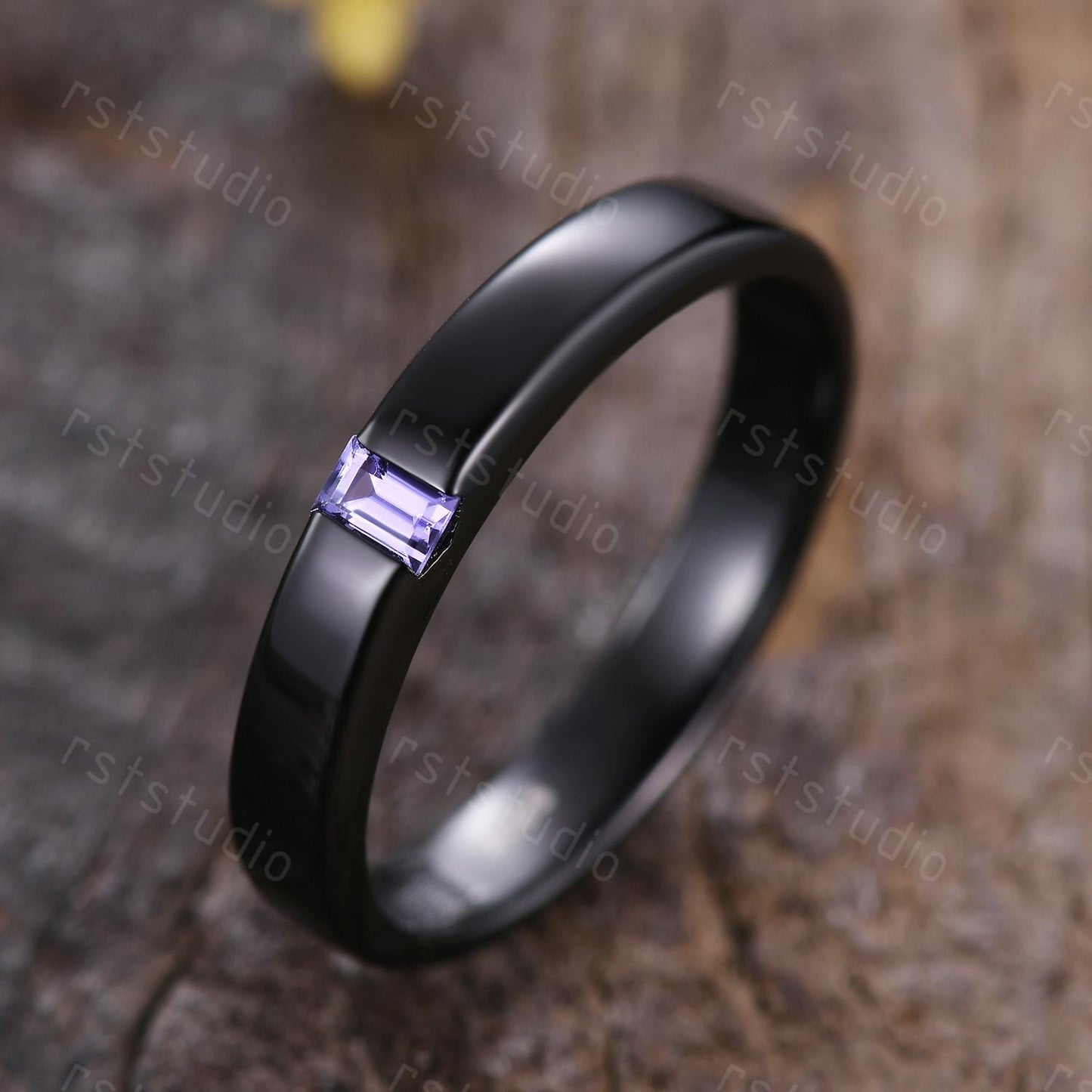 Mens Baguette Amethyst Wedding Band: Black Gold Vintage Ring