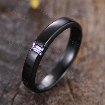 Mens Baguette Amethyst Wedding Band: Black Gold Vintage Ring