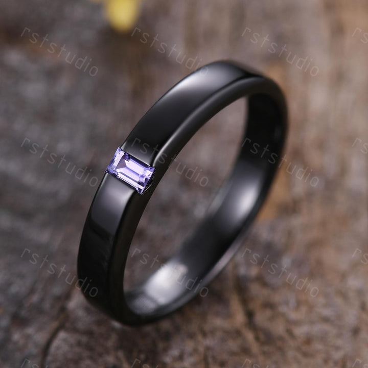 Mens Baguette Amethyst Wedding Band: Black Gold Vintage Ring