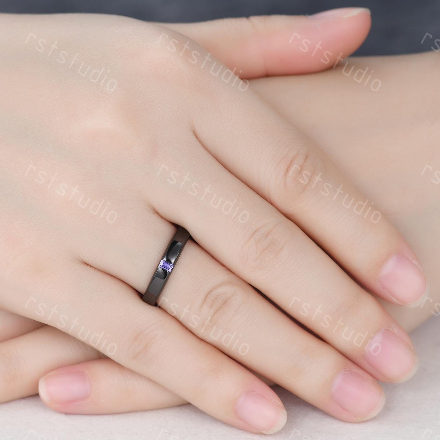 Mens Baguette Amethyst Wedding Band: Black Gold Vintage Ring
