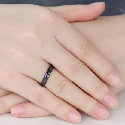 Mens Baguette Amethyst Wedding Band: Black Gold Vintage Ring