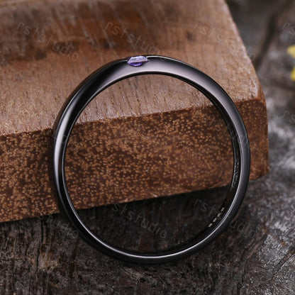 Mens Baguette Amethyst Wedding Band: Black Gold Vintage Ring