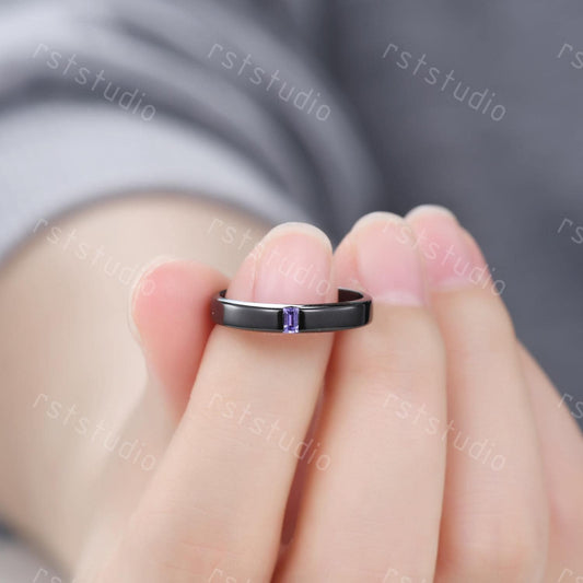 Mens Baguette Amethyst Wedding Band: Black Gold Vintage Ring