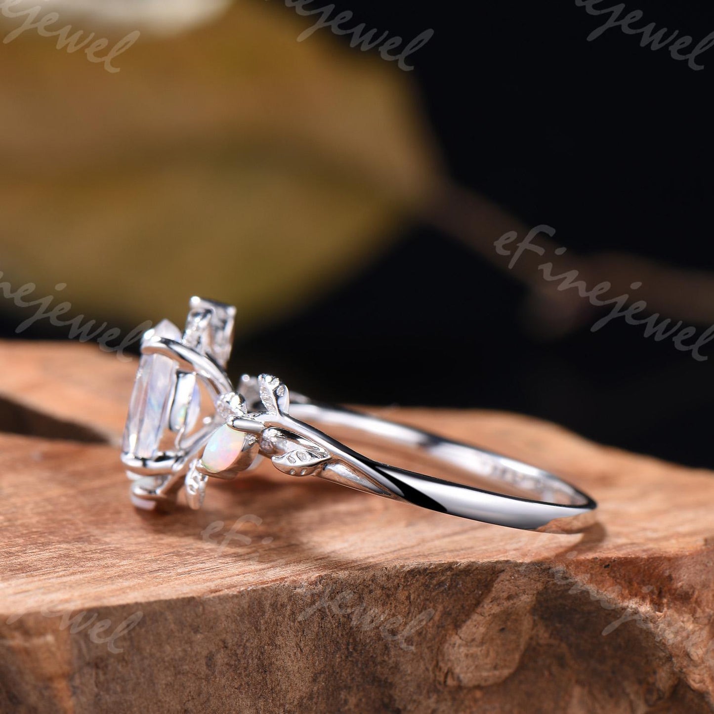 Oval Moonstone Engagement Ring, Leaf Vine Opal Accent, 14K Gold - PENFINE