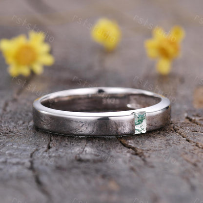 Mens Moss Agate Wedding Band: Baguette Green Agate, Brushed Finish Band Gold Ring