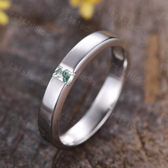 Mens Moss Agate Wedding Band: Baguette Green Agate, Brushed Finish Band Gold Ring
