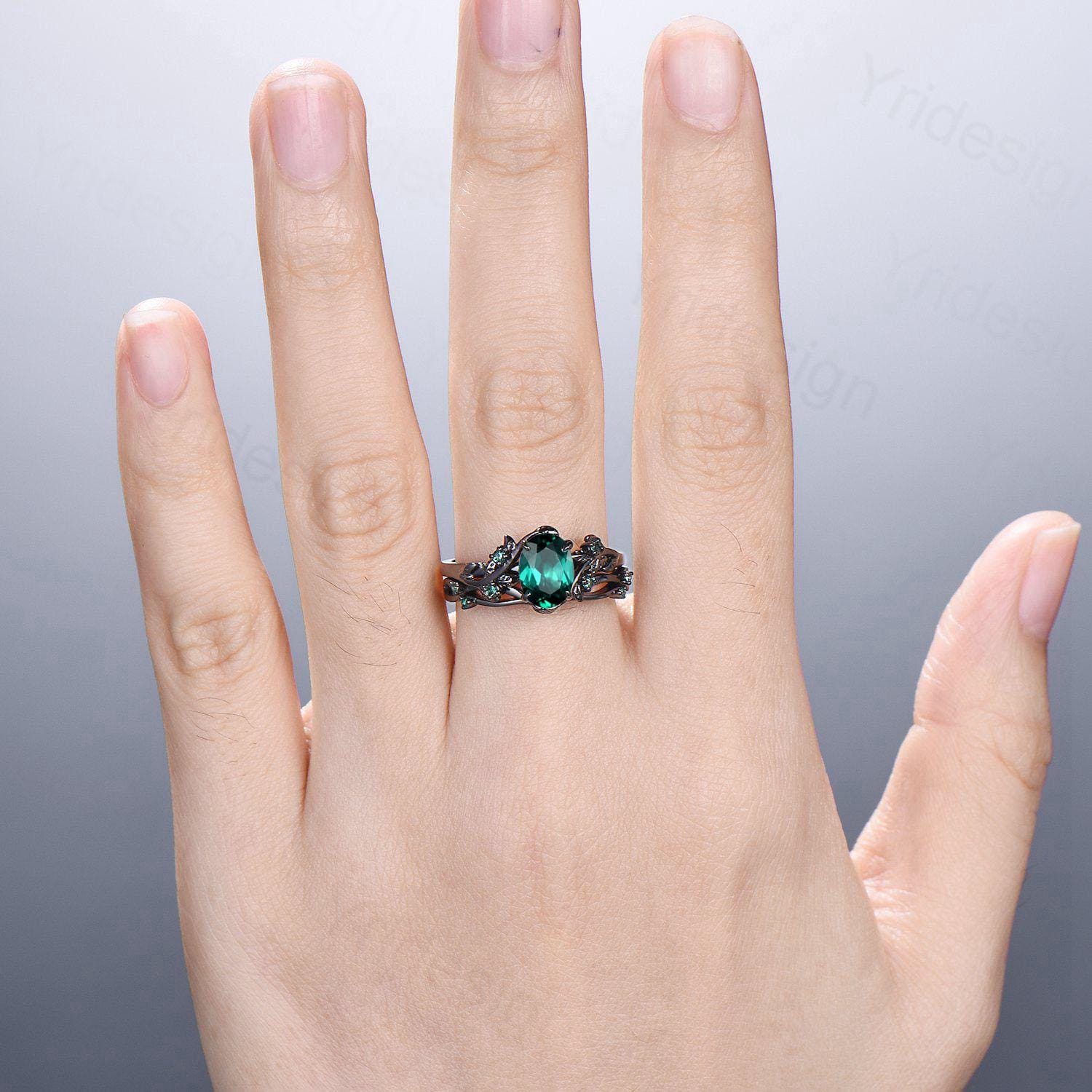 Unique black gold emerald ring set Nature Inspired oval emerald engagement ring vintage May birthstone leaf vine wedding ring set for women - PENFINE