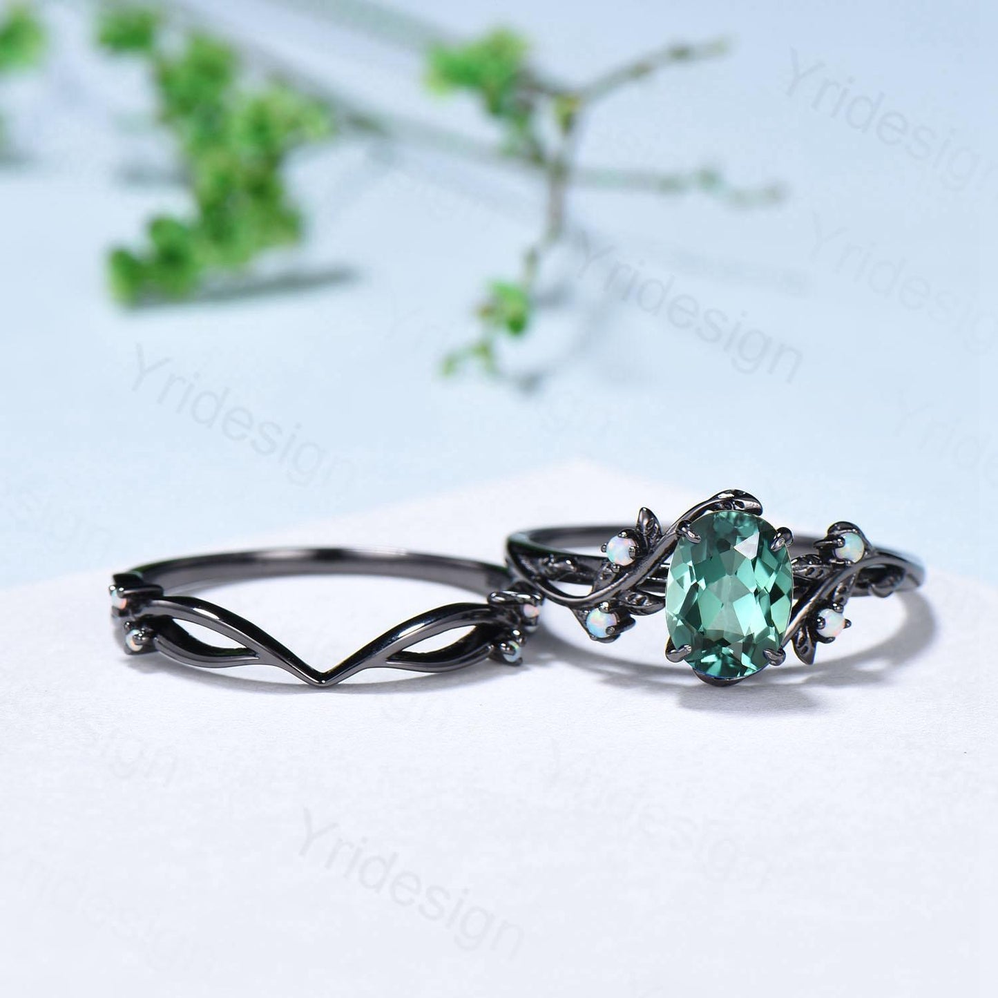 Natural Inspired black gold green sapphire wedding ring set unique leaf engagement ring Art deco   cluster opal band ring women Bridal Set - PENFINE